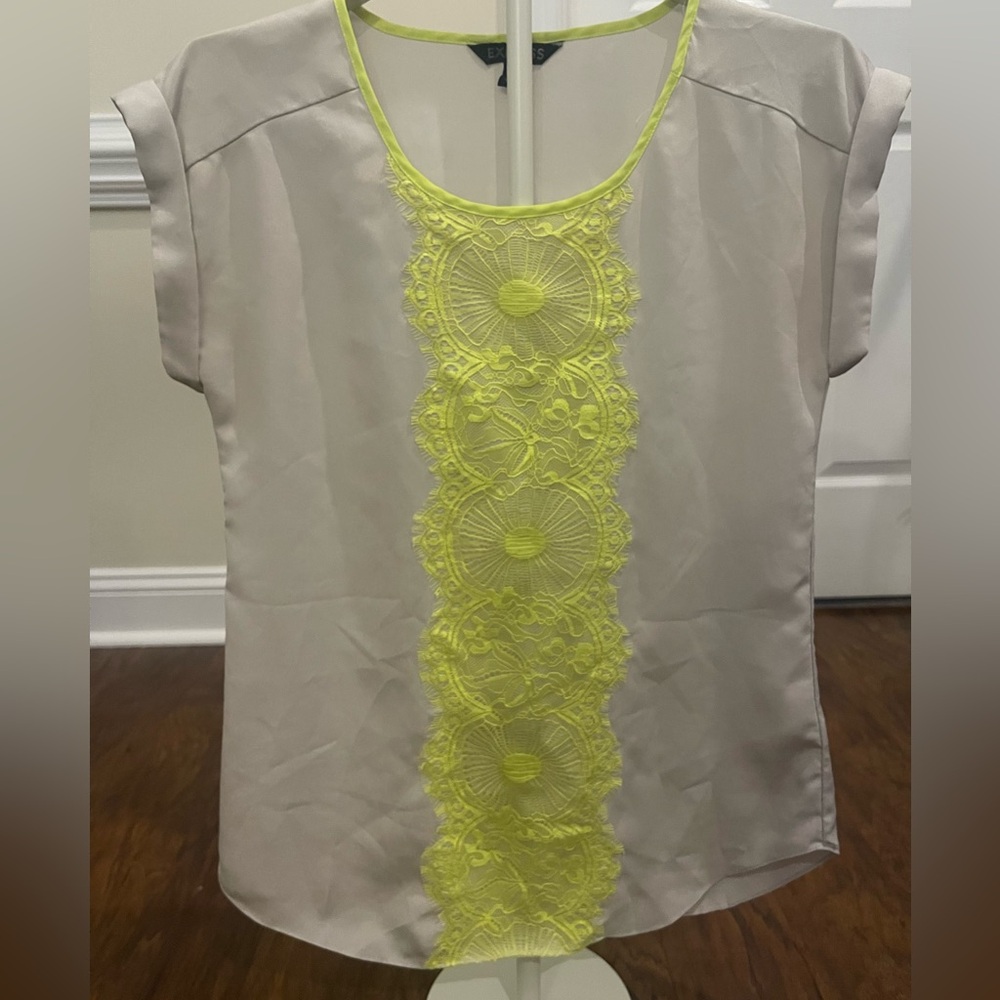 Express Blouse with Neon Yellow Lace Panel - Size XS